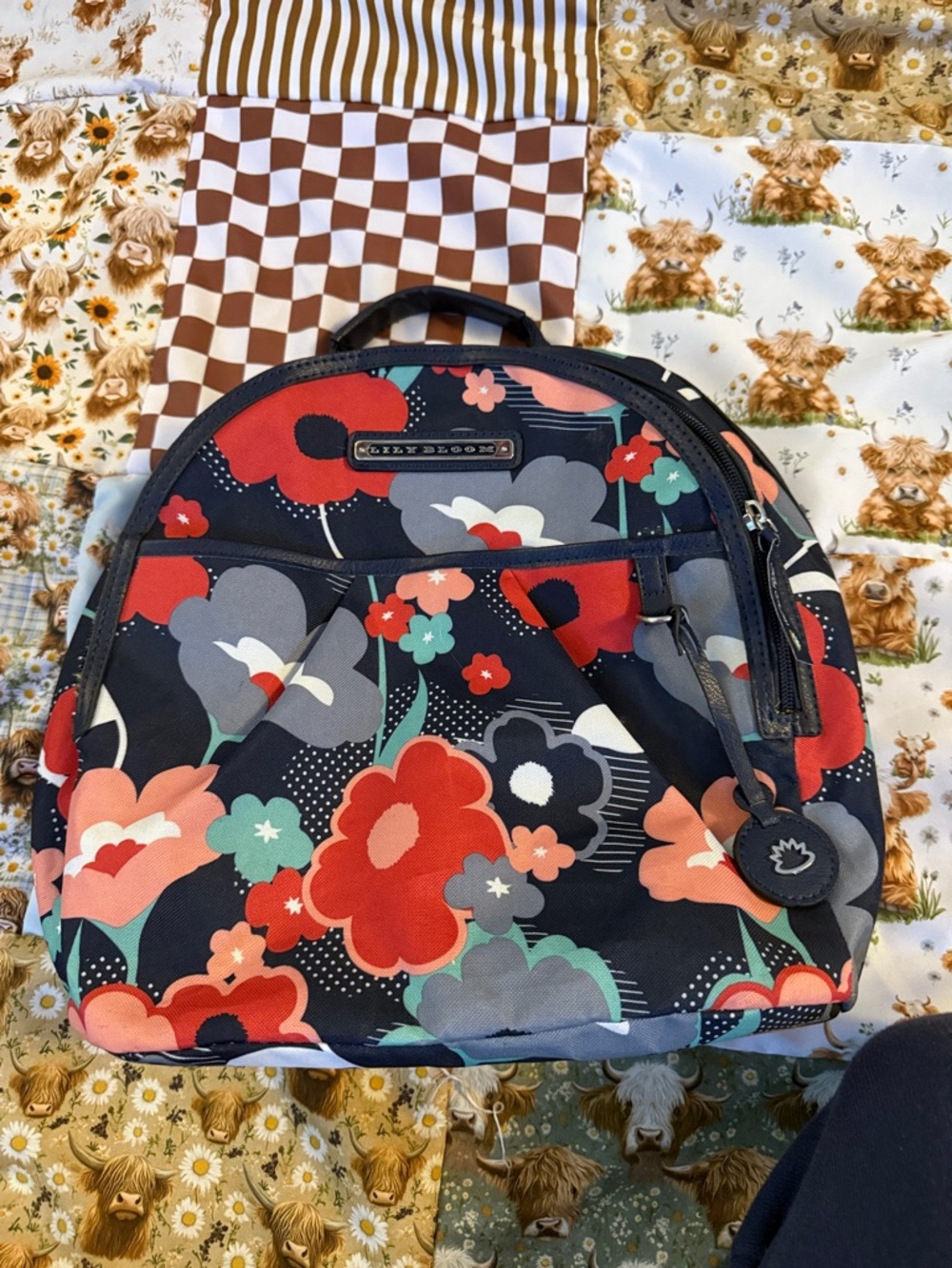 Lily Bloom Navy Kids Backpack with Red, Coral, Gray & Mint Floral Print